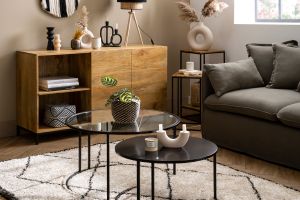 Buffet industriel en bois manguier massif et métal noir 2 portes L145 cm YPSTER