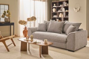 Canapé convertible 3 places en tissu effet velours taupe avec matelas 12 cm ARMAND
