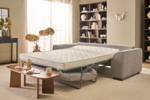 Canapé convertible 3 places en tissu effet velours taupe avec matelas 12 cm ARMAND
