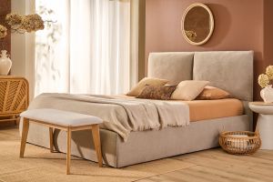 Banc scandinave en tissu effet velours texturé beige et bois clair L92 cm ELION