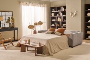 Canapé convertible 3 places en tissu effet velours taupe avec matelas 12 cm ARMAND