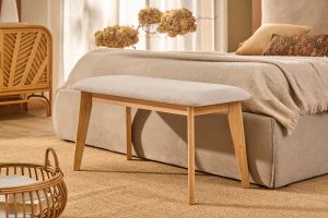 Banc scandinave en tissu effet velours texturé beige et bois clair L92 cm ELION