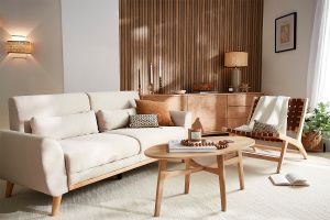 Canapé scandinave 3 places en tissu beige et bois clair EKTOR