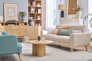 Canapé scandinave 3 places en tissu beige et bois clair EKTOR
