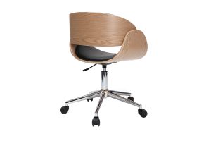 Chaise de bureau à roulettes design noir, bois clair et acier chromé BENT