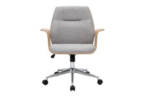 Chaise de bureau à roulettes design en tissu effet velours texturé gris, bois clair et acier chromé RUFIN