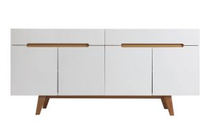 Buffet scandinave blanc laqué brillant et finition bois clair 4 portes 2 tiroirs L180 cm MELKA