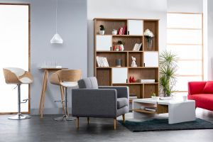 Tabouret de bar design réglable blanc et bois clair BENT