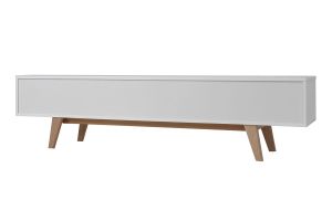 Meuble TV scandinave blanc laqué brillant et bois L180 cm MELKA