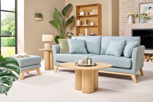 Canapé scandinave déhoussable 3 places en tissu vert lagon et bois clair OSLO