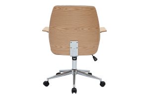 Chaise de bureau à roulettes design en tissu effet velours texturé gris, bois clair et acier chromé RUFIN
