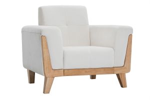 Fauteuil scandinave en tissu effet velours blanc cassé et bois clair FJORD