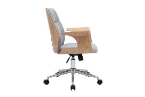 Chaise de bureau à roulettes design en tissu effet velours texturé gris, bois clair et acier chromé RUFIN