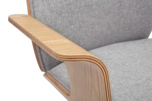 Chaise de bureau à roulettes design en tissu effet velours texturé gris, bois clair et acier chromé RUFIN