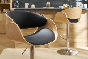 Tabouret de bar design réglable noir et bois clair BENT