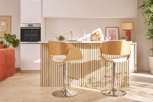 Tabouret de bar design réglable blanc et bois clair BENT