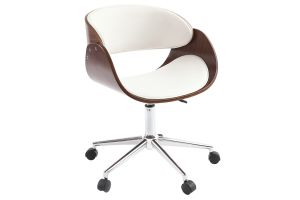 Chaise de bureau à roulettes design blanc, bois foncé noyer et acier chromé BENT