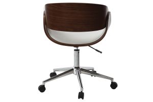 Chaise de bureau à roulettes design blanc, bois foncé noyer et acier chromé BENT