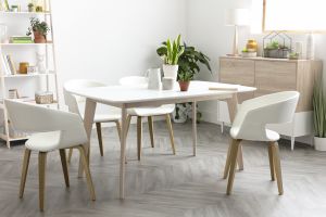 Table à manger scandinave blanc et bois clair rectangulaire L150 cm LEENA