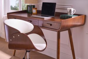 Chaise de bureau à roulettes design blanc, bois foncé noyer et acier chromé BENT