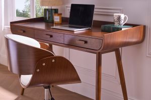 Chaise de bureau à roulettes design blanc, bois foncé noyer et acier chromé BENT