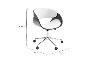 Chaise de bureau à roulettes design blanc, bois foncé noyer et acier chromé BENT