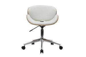 Chaise de bureau à roulettes design blanc, bois clair et acier chromé WALNUT