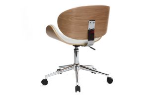 Chaise de bureau à roulettes design blanc, bois clair et acier chromé WALNUT