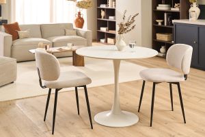 Table à manger design ronde en céramique blanche et métal D90 cm MALOU