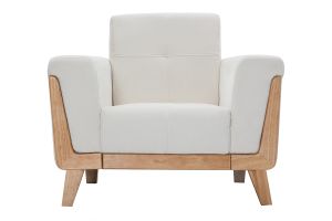 Fauteuil scandinave en tissu effet velours blanc cassé et bois clair FJORD