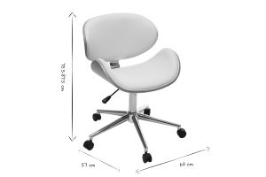 Chaise de bureau à roulettes design blanc, bois clair et acier chromé WALNUT