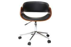 Chaise de bureau à roulettes design noir, bois foncé noyer et acier chromé  BENT