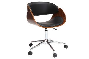 Chaise de bureau à roulettes design noir, bois foncé noyer et acier chromé  BENT