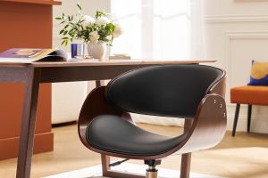 Chaise de bureau à roulettes design noir, bois foncé noyer et acier chromé  BENT