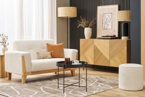 Canapé scandinave 2 places en tissu effet velours blanc cassé et bois clair FJORD