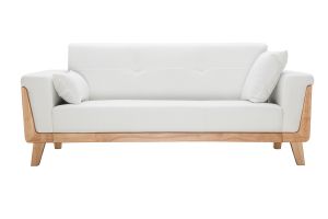 Canapé scandinave 3 places en tissu effet velours blanc cassé et bois clair FJORD