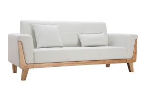 Canapé scandinave 3 places en tissu effet velours blanc cassé et bois clair FJORD