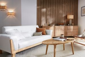 Canapé scandinave 3 places en tissu effet velours blanc cassé et bois clair FJORD
