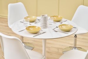 Table à manger design ronde en céramique blanche et métal D90 cm MALOU