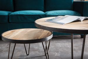 Table basse ronde industrielle bois manguier massif et métal noir L80 cm ATELIER