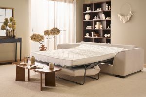 Canapé convertible 3 places en tissu effet velours beige avec matelas 12 cm ARMAND