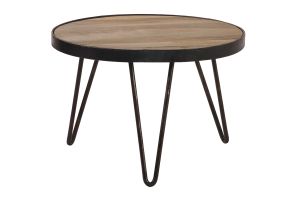 Table basse ronde industrielle bois manguier massif et métal noir D50 cm ATELIER