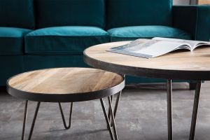 Table basse ronde industrielle bois manguier massif et métal noir D50 cm ATELIER