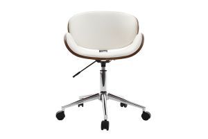 Chaise de bureau à roulettes design blanc, bois foncé noyer et acier chromé WALNUT