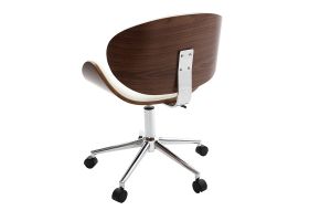 Chaise de bureau à roulettes design blanc, bois foncé noyer et acier chromé WALNUT