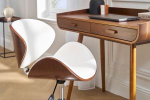 Chaise de bureau à roulettes design blanc, bois foncé noyer et acier chromé WALNUT