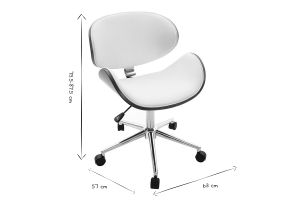 Chaise de bureau à roulettes design blanc, bois foncé noyer et acier chromé WALNUT