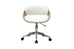 Chaise de bureau à roulettes design blanc, bois clair et acier chromé BENT