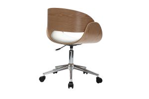 Chaise de bureau à roulettes design blanc, bois clair et acier chromé BENT
