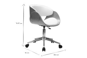 Chaise de bureau à roulettes design blanc, bois clair et acier chromé BENT
